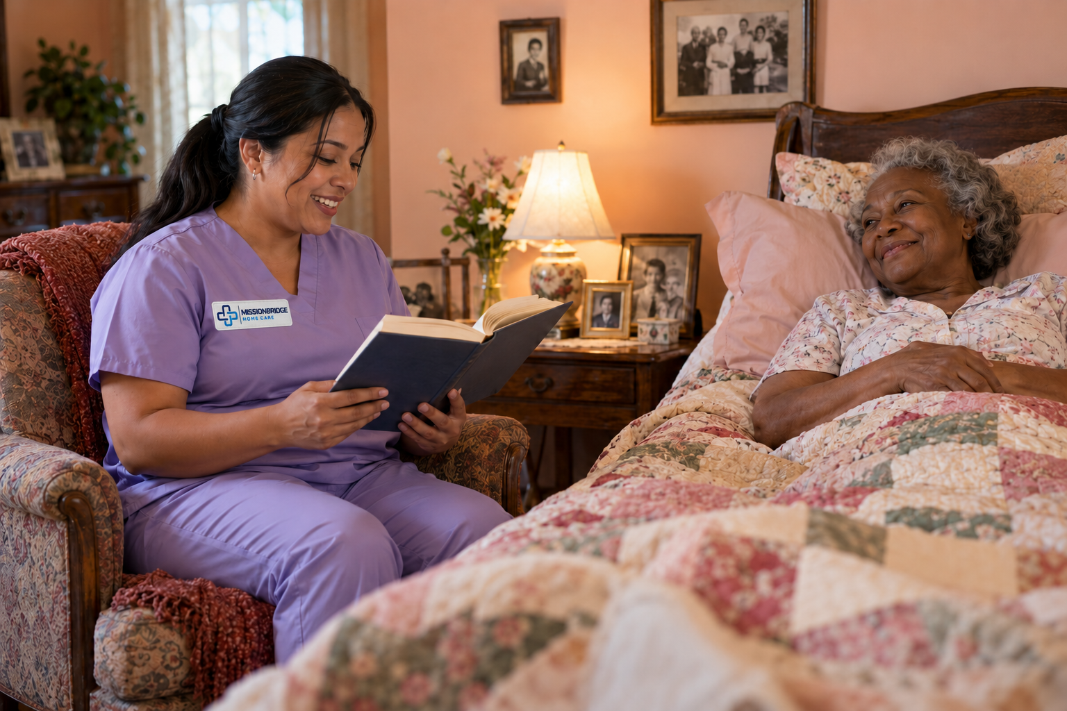 Illustrative Latina companion in branded lilac scrubs reading beside an older Black woman