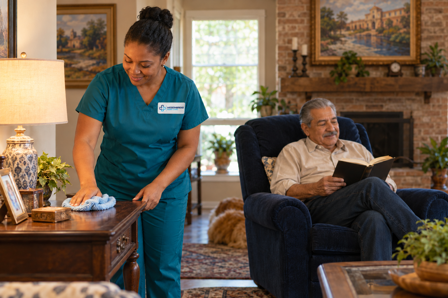 Illustrative Black helper in branded teal scrubs dusting while an older man reads